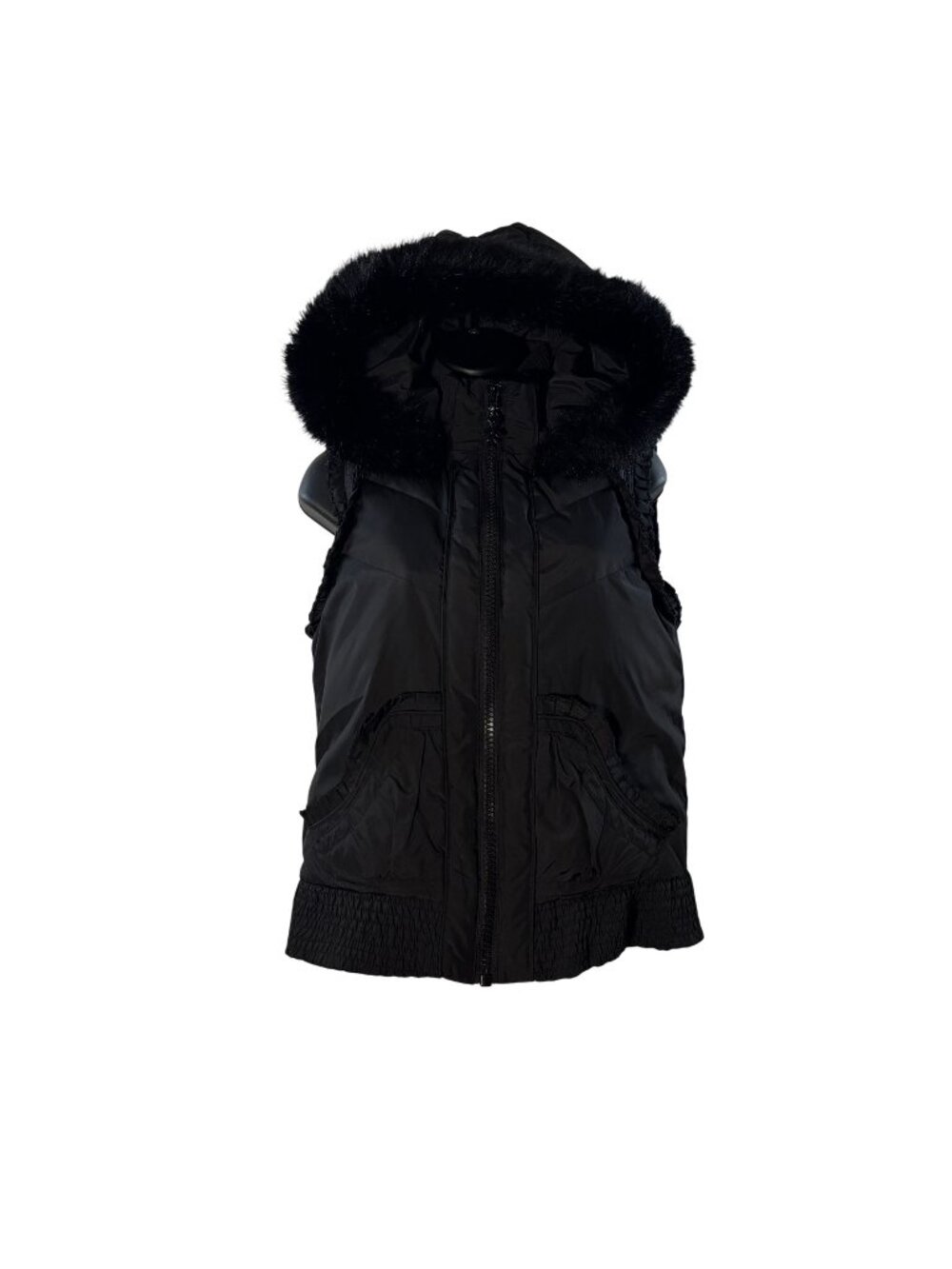 Betsey Johnson Black Hooded Vest W/ Faux Fur Trim & Floral Lining Size S